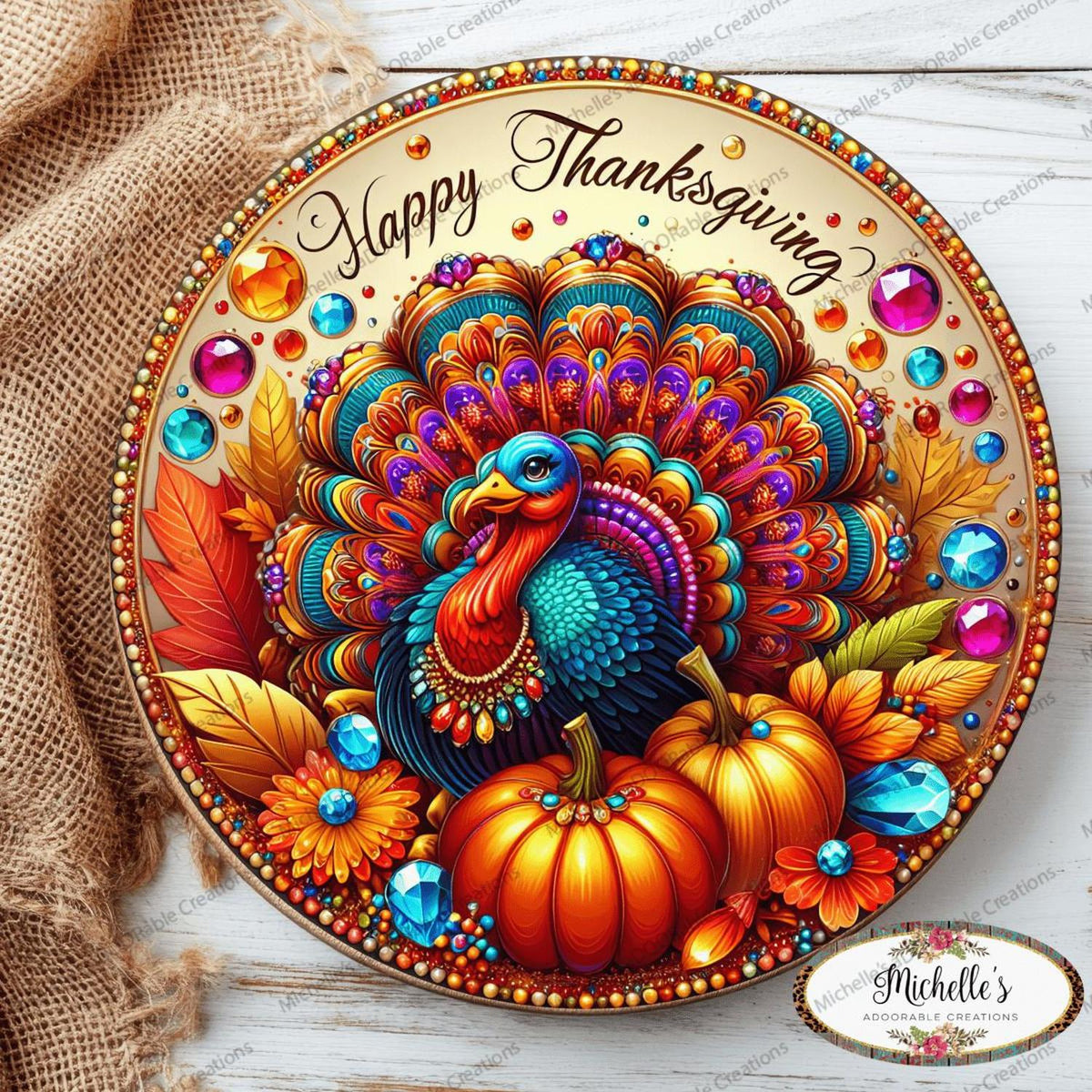 Happy Thanksgiving Jewel Turkey Round Sign