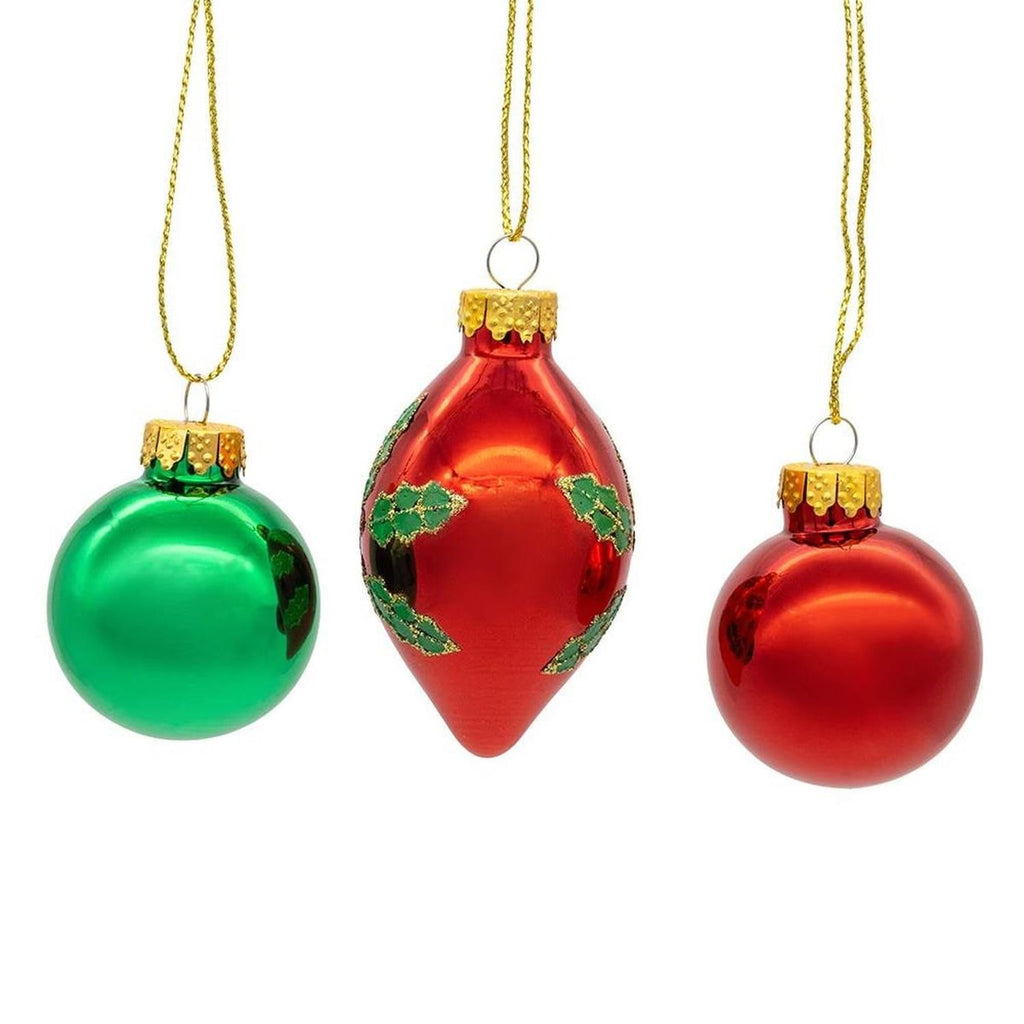 Kurt Adler 35MM Glass Green and Red With Holly Leaves Ball 12-Piece Set