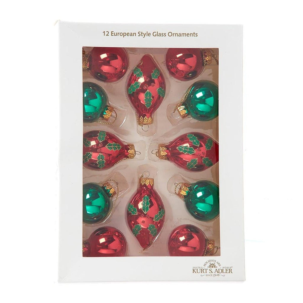 Kurt Adler 35MM Glass Green and Red With Holly Leaves Ball 12-Piece Set