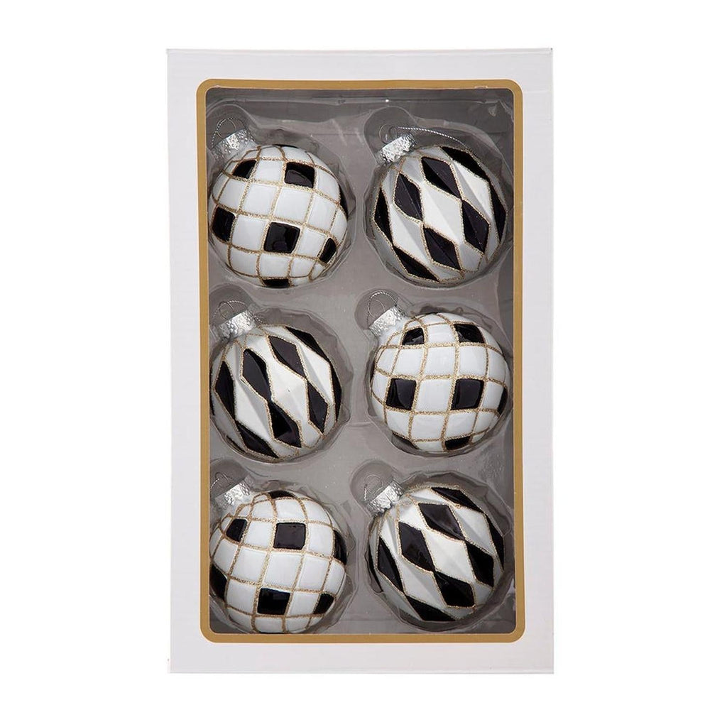Kurt Adler 80MM Glass Black, White and Gold Checkered Ball Ornaments, 6-Piece Box