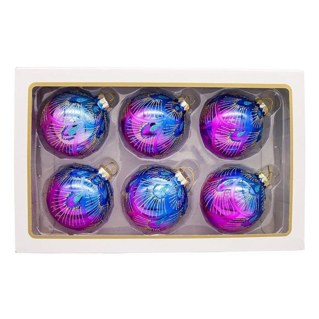 Kurt Adler 80MM Glass Purple and Blue Peacock Ball Ornaments, (Set of 6)