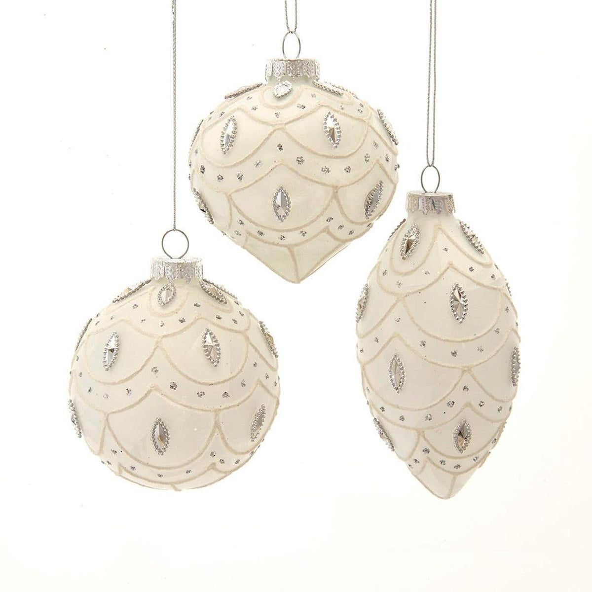 Kurt Adler 80MM White Glass Ball Finial and Onion, 3-Piece Set
