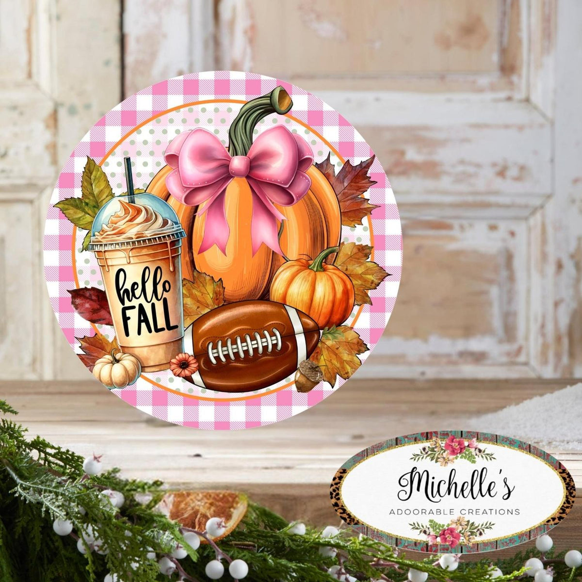 Pink Hello Fall Coffee Football Round Sign
