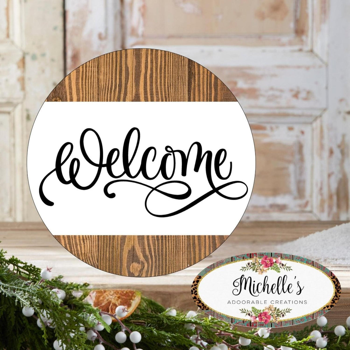Welcome Faux Wood Round Sign