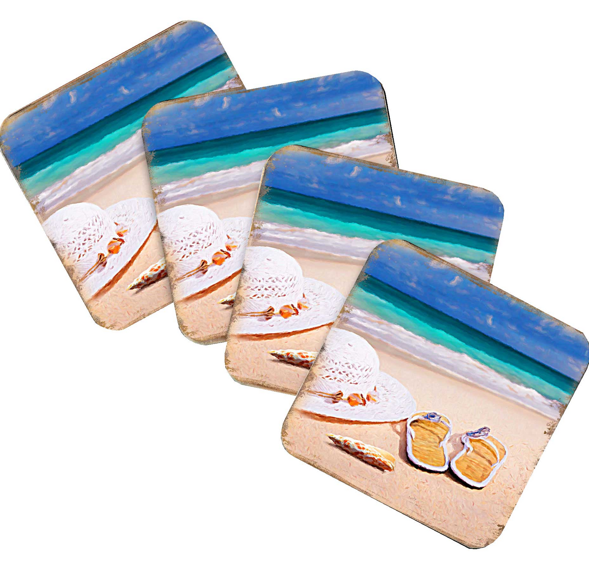 Beach Sandals and Hat Coastal Wooden Cork Coasters Gift Set of 4 by Nature Wonders - Coastal Sea-Life Decor - 95355C-S4