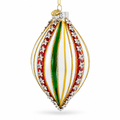 Striped White and Green Teardrop Finial Glass Christmas Ornament