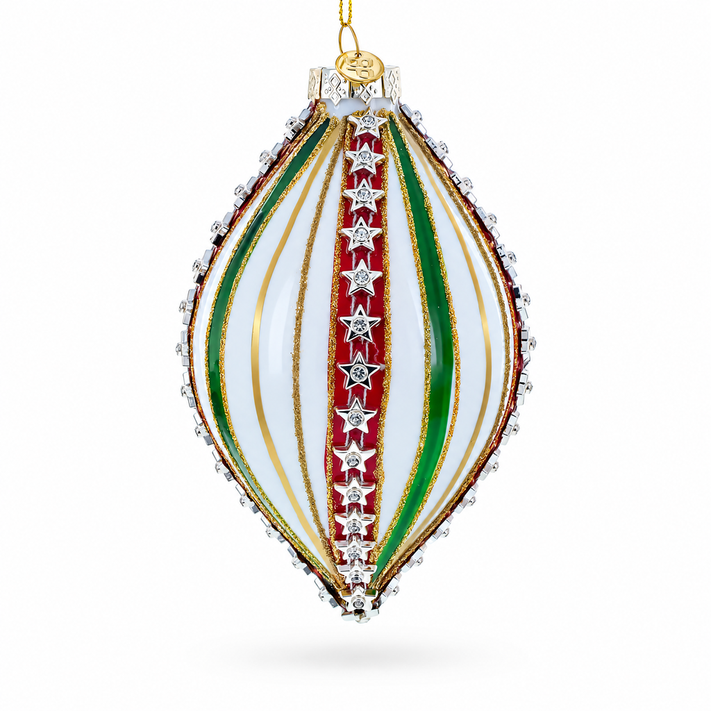 Striped White and Green Teardrop Finial Glass Christmas Ornament
