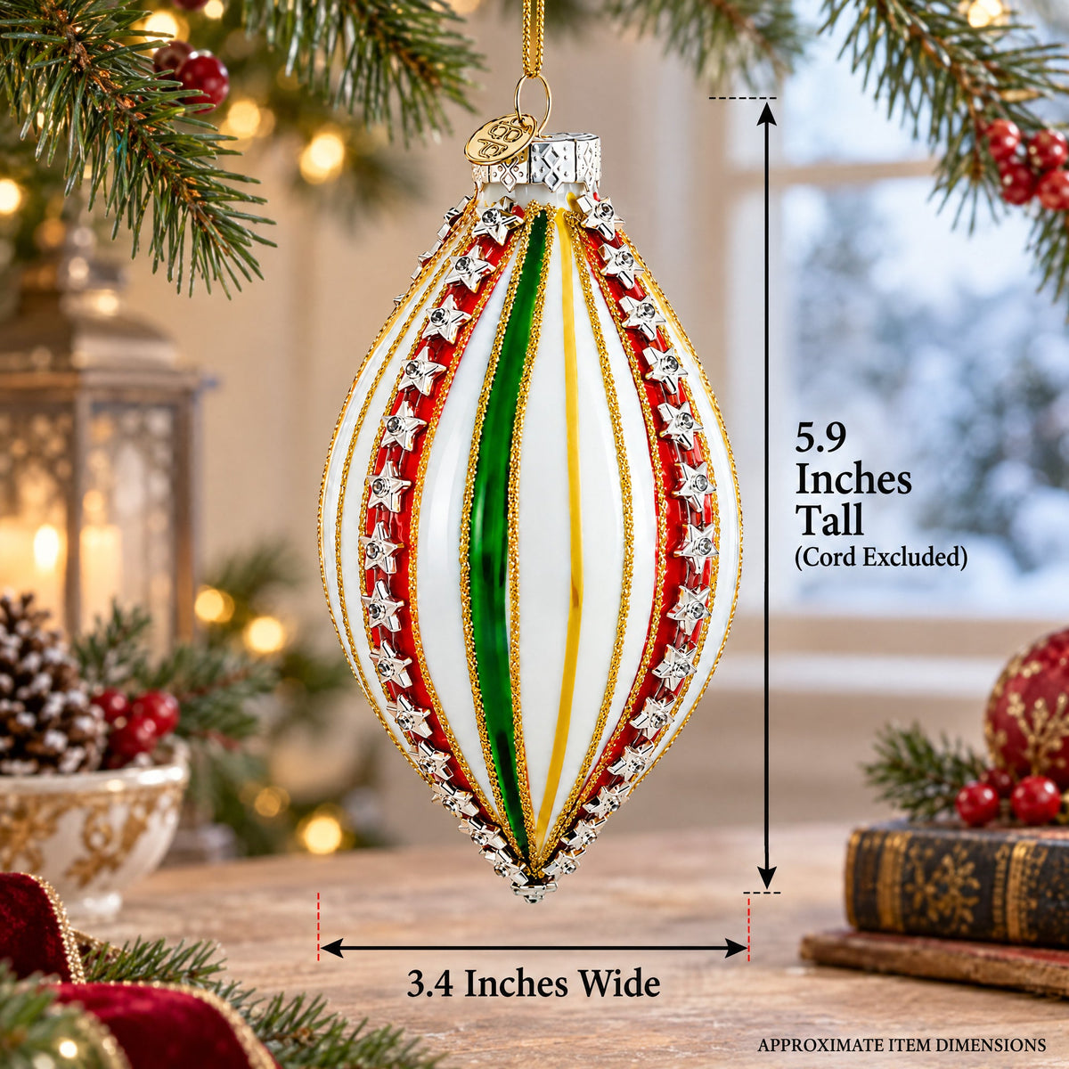 Striped White and Green Teardrop Finial Glass Christmas Ornament