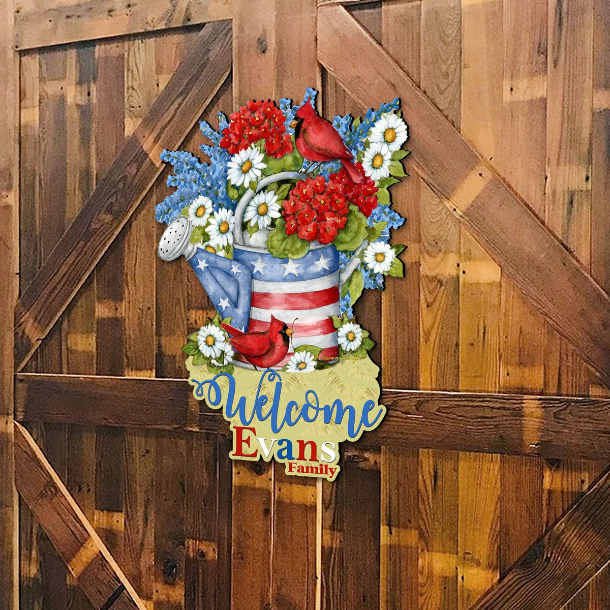 Personalized Custom Front Door Sign Patriotic Decoration with American Watering Can Family Name Welcome Sign Handmade Gift Rustic Adornment for Wooden Front Porch Decor by Susan Winget - 8471212HC-SW