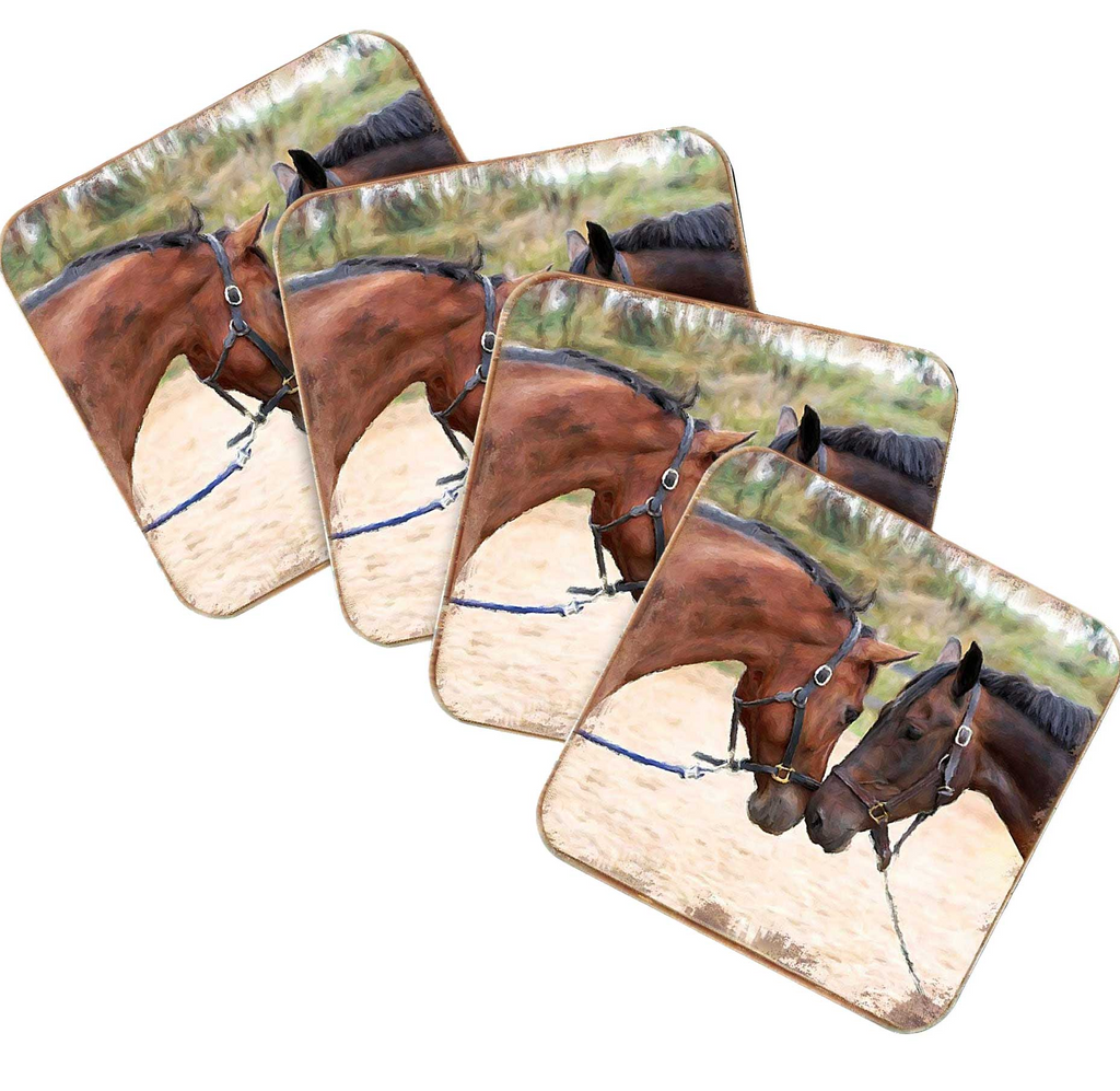 Horses Wooden Cork Coasters Gift Set of 4 by Nature Wonders - Nature Wildlife Decor  - 95370C-S4