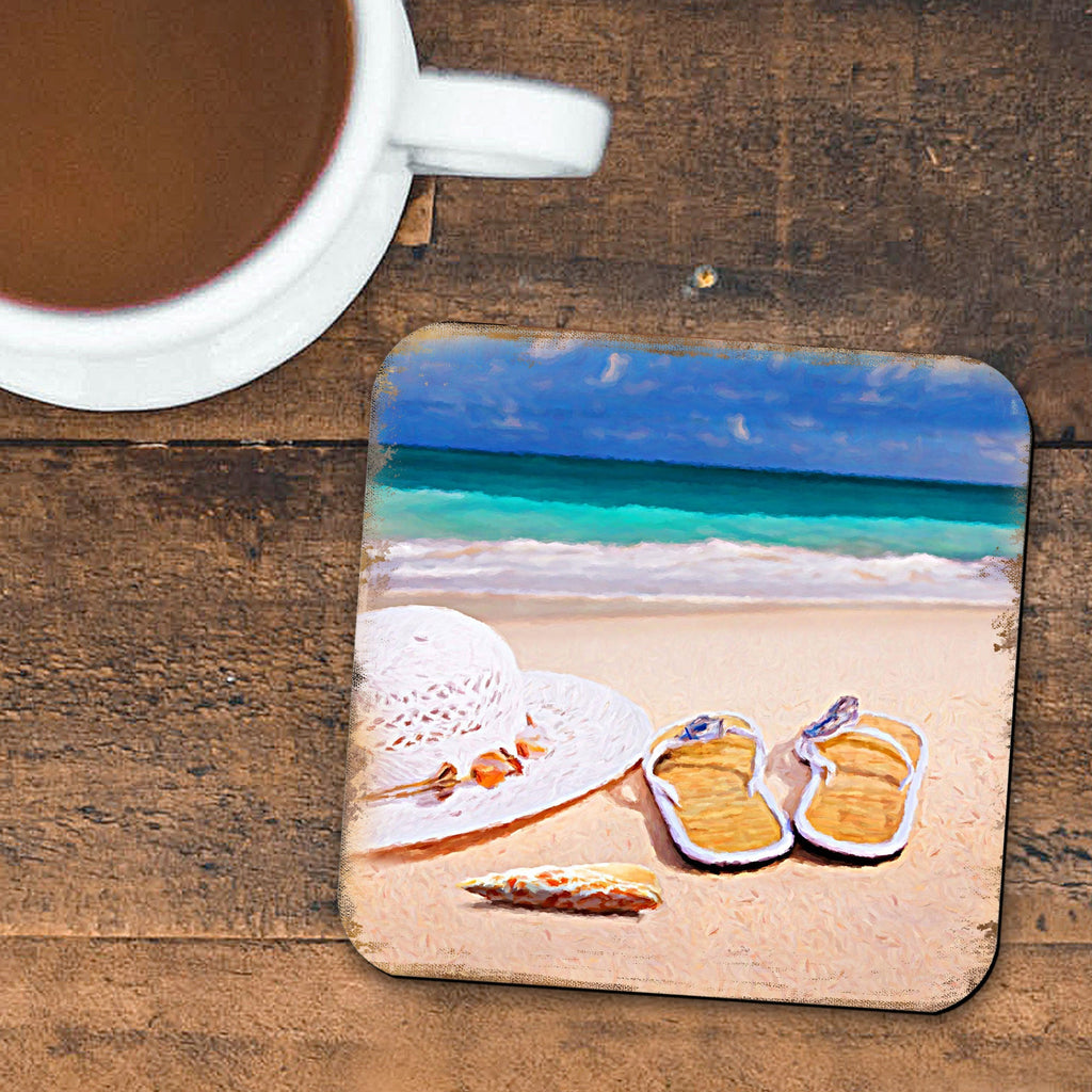 Beach Sandals and Hat Coastal Wooden Cork Coasters Gift Set of 4 by Nature Wonders - Coastal Sea-Life Decor - 95355C-S4