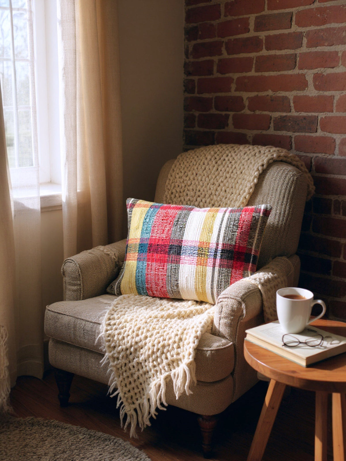 Hand-Woven Plaid Cotton Chindi Lumbar Throw Pillow