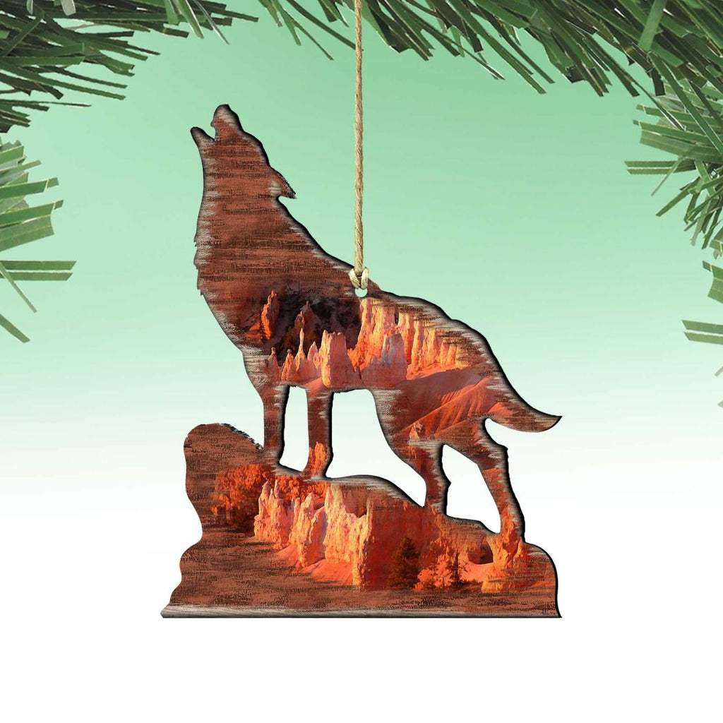 Hand-Carved Wildlife Tree bundle: Howling wolf wooden ornament