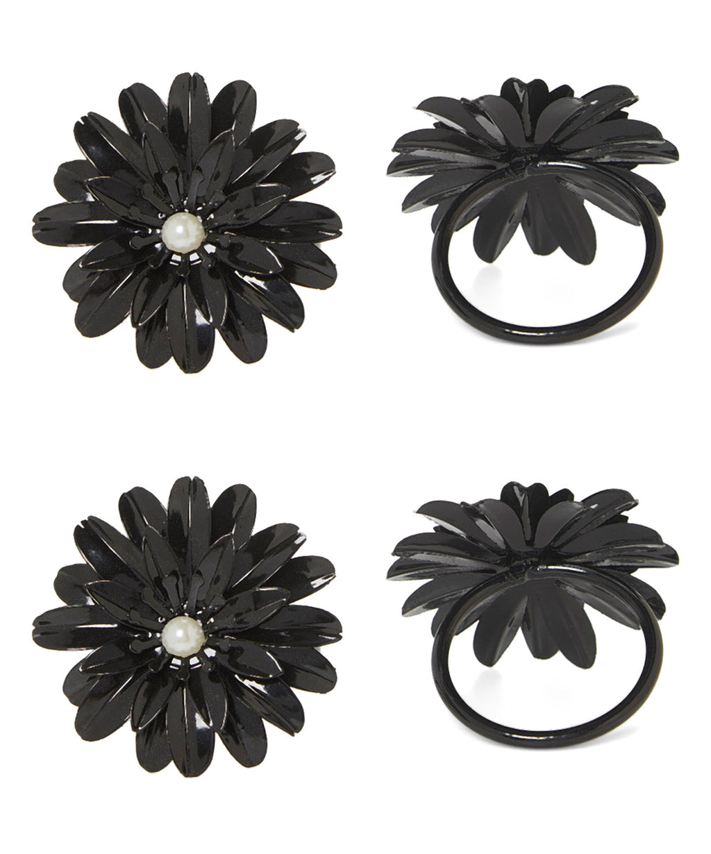 Vibhsa Black Floral Napkin Rings | Set of 4, Pearl Accents, Handcrafted
