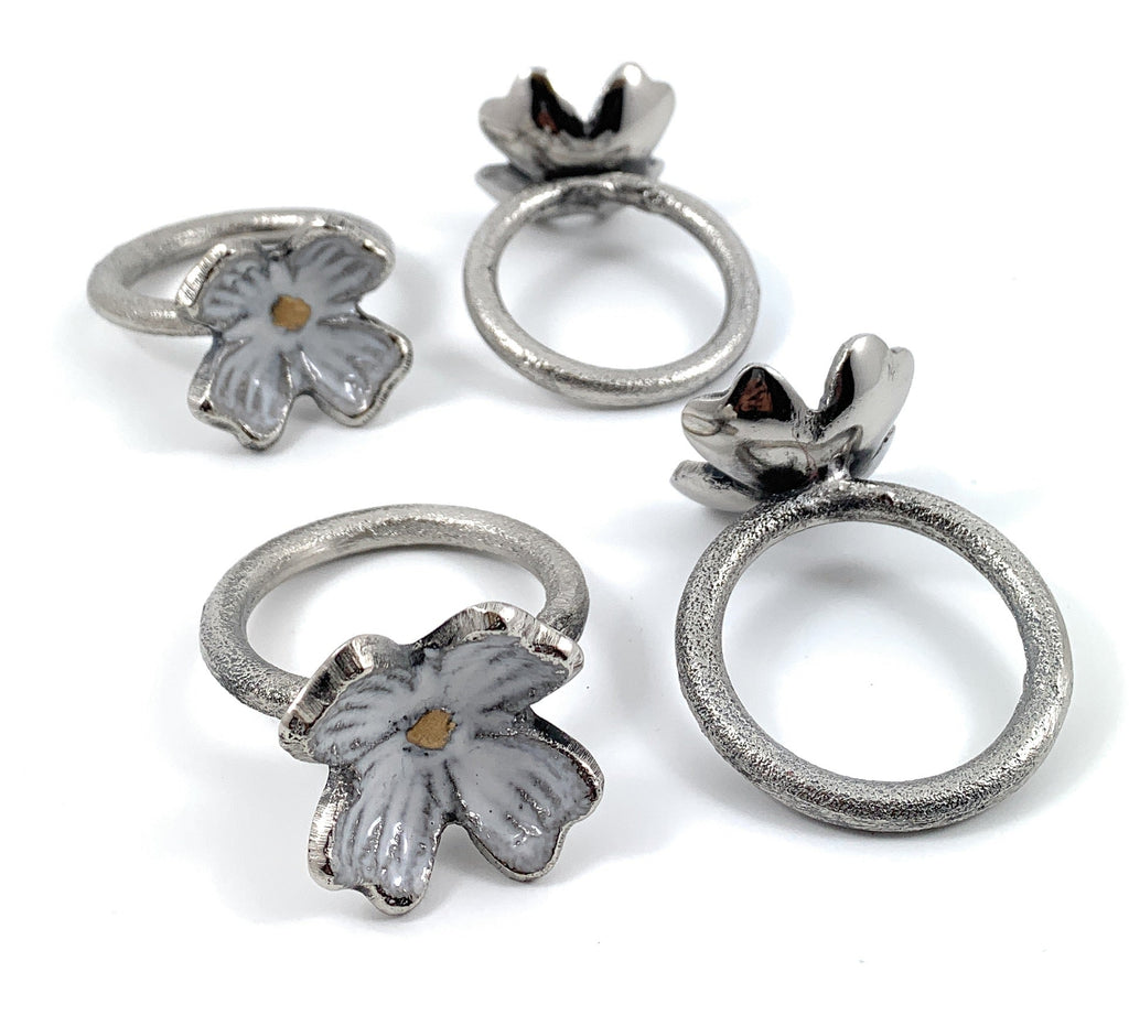 Vibhsa Rustic Silver Floral Napkin Rings | Set of 4, Handcrafted Aluminum