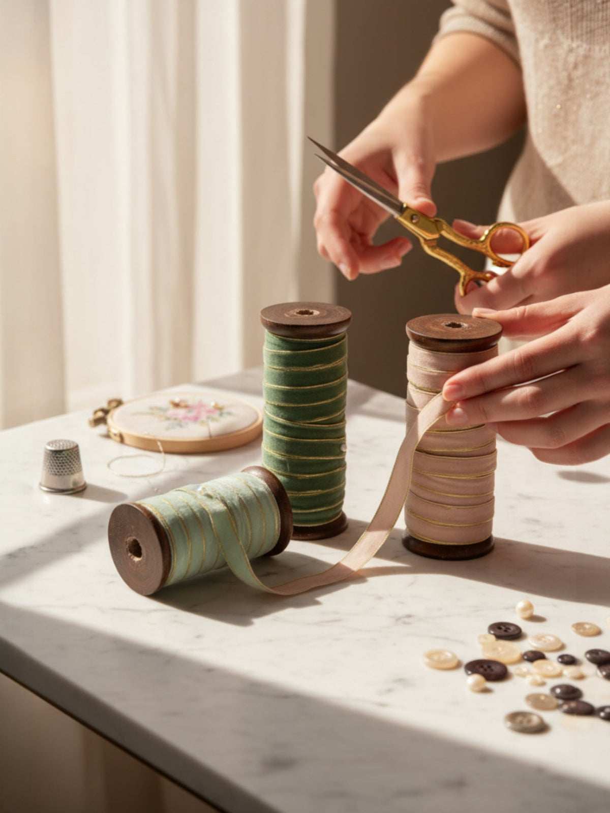 Velvet Ribbon with Gold Edges on Wood Spool