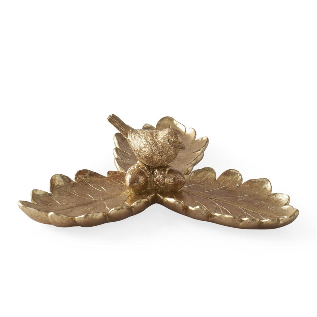8.75 Inch Gold Resin Leaf Tray with Bird – Decorative Accent