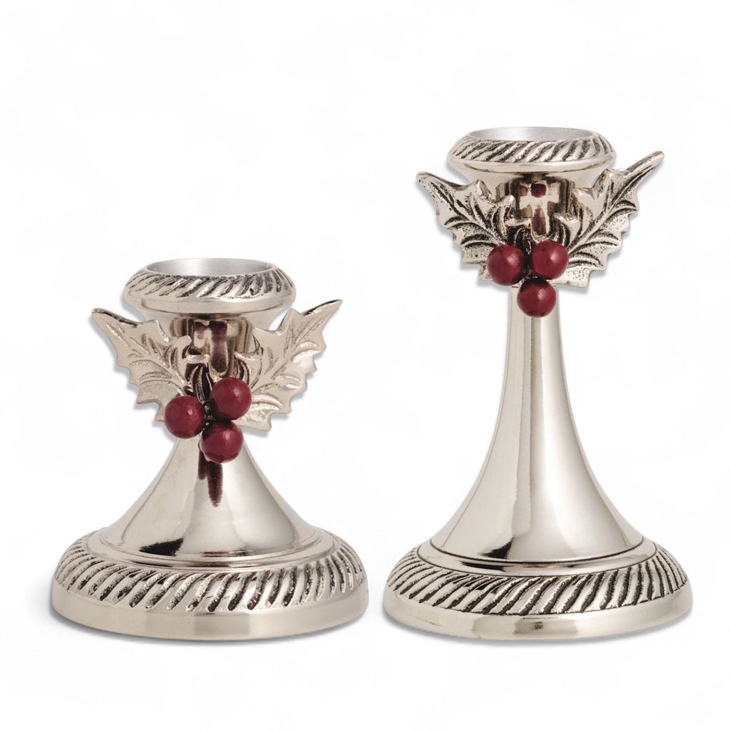 Holly Leaf & Berry Metal Candlesticks | 2 Sizes