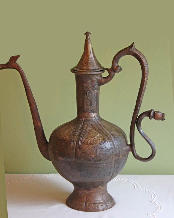 Extra-Large Hand-Hammered Bronze Vessel with Animal Heads