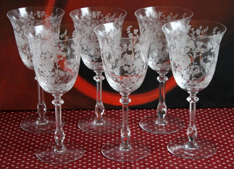 Fostoria Midnight Rose Etched Sherbet Glasses, Set of 6