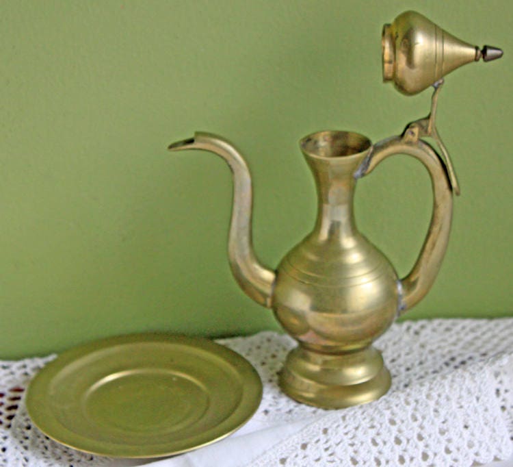 Brass Aftaba Pitcher with Hinged Lid and Plate