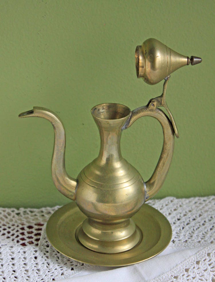 Brass Aftaba Pitcher with Hinged Lid and Plate