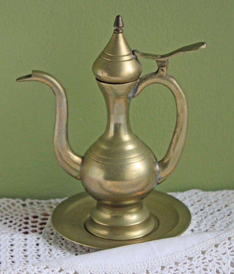 Brass Aftaba Pitcher with Hinged Lid and Plate
