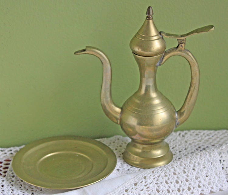 Brass Aftaba Pitcher with Hinged Lid and Plate