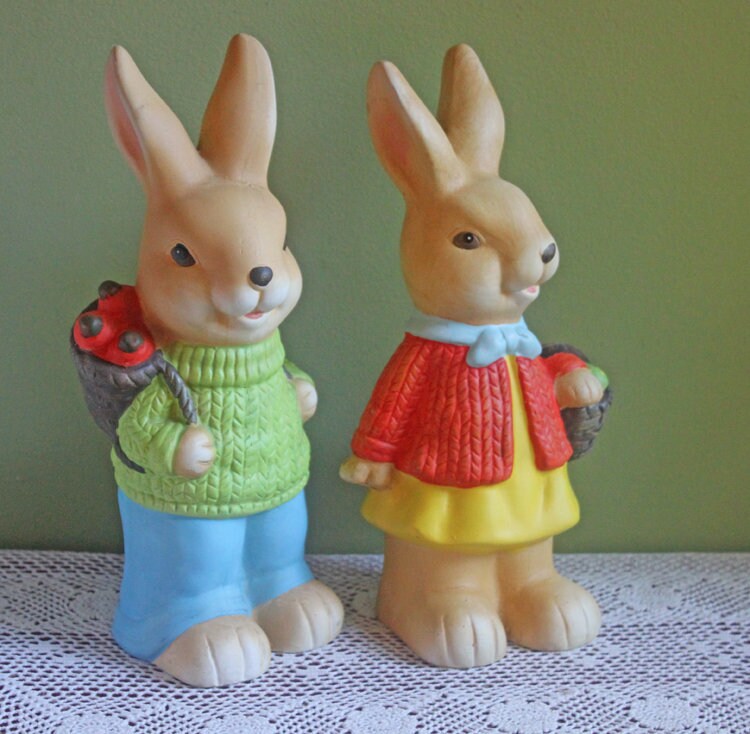 Hand-Painted Brown Porcelain Bunnies, Pair