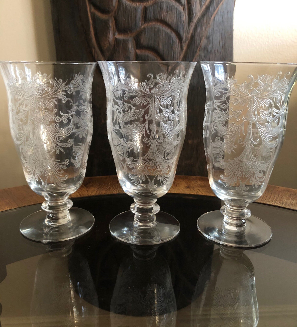 1930s Tiffin Byzantine Etched Footed Juice Glasses