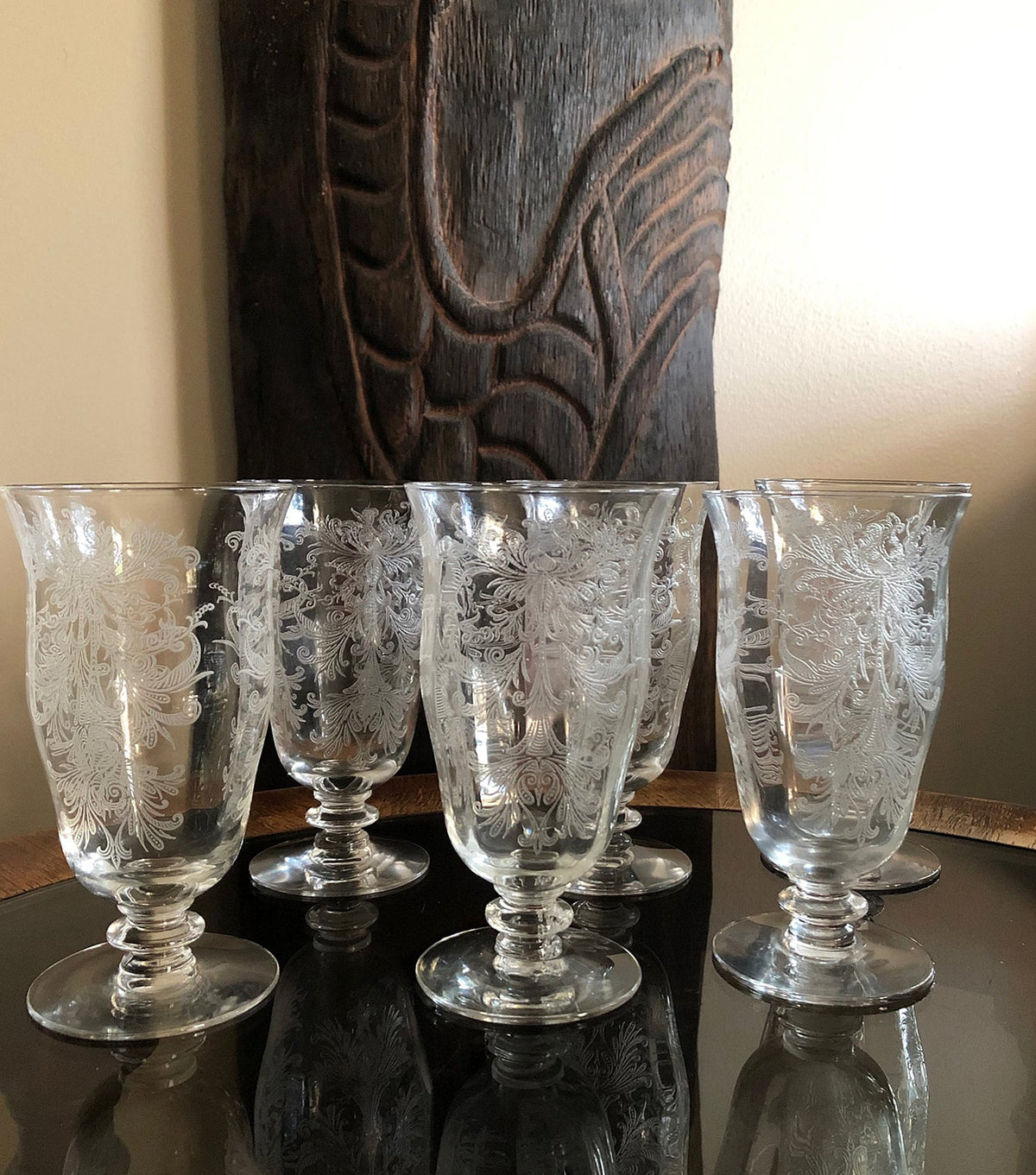 1930s Tiffin Byzantine Etched Footed Juice Glasses