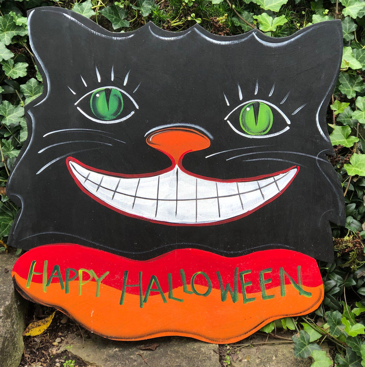 Wooden Black Cat Happy Halloween Sign