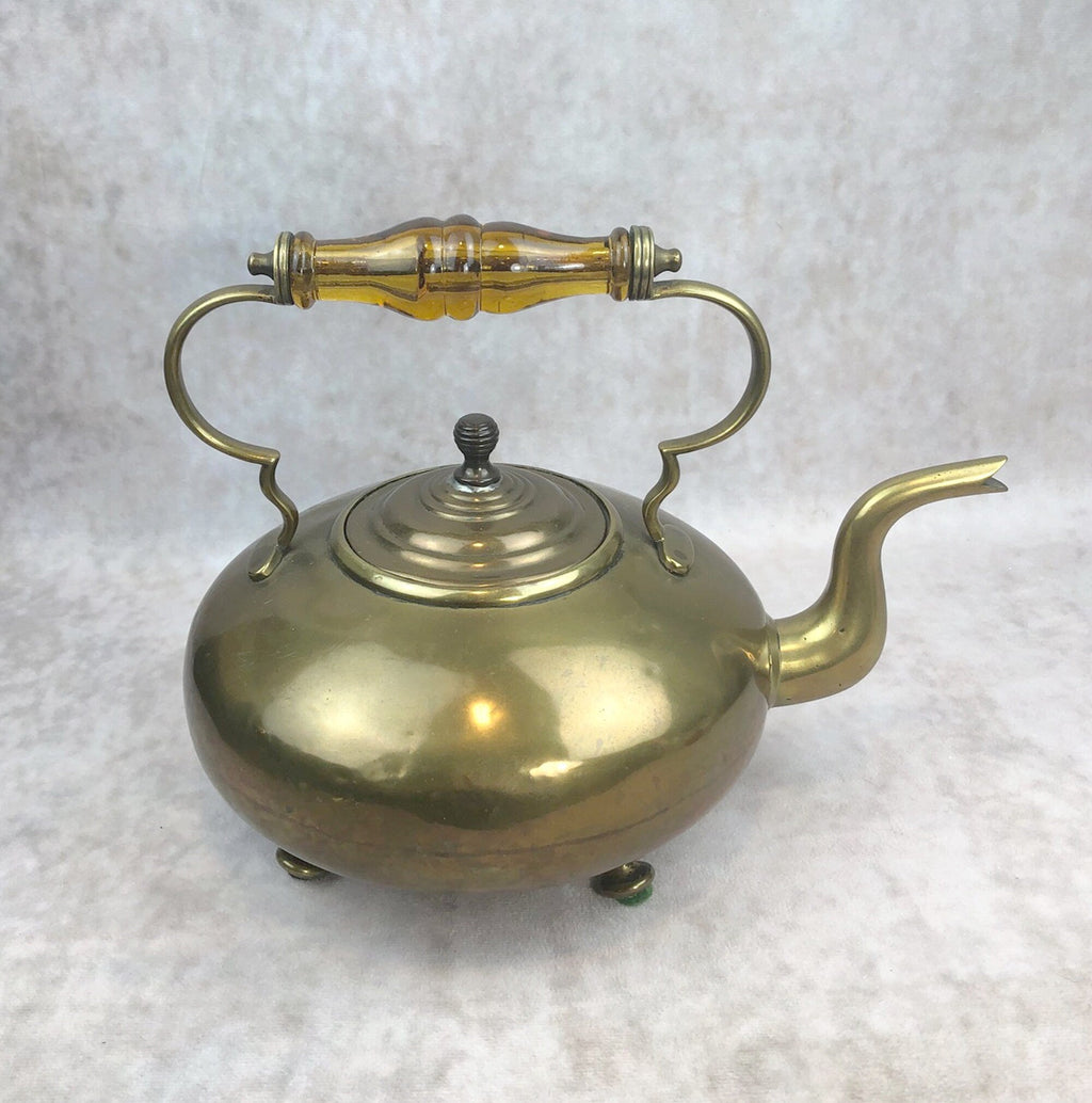 Footed Brass Kettle with Yellow Glass Handle