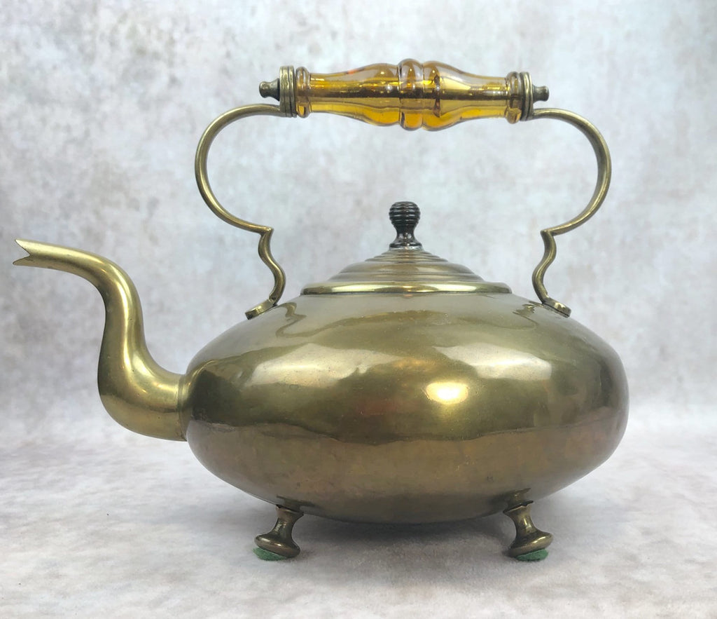 Footed Brass Kettle with Yellow Glass Handle