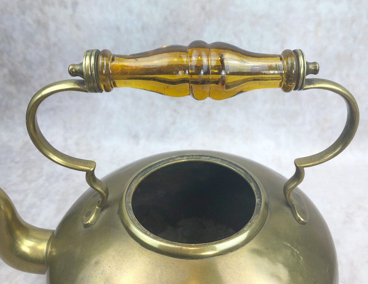 Footed Brass Kettle with Yellow Glass Handle