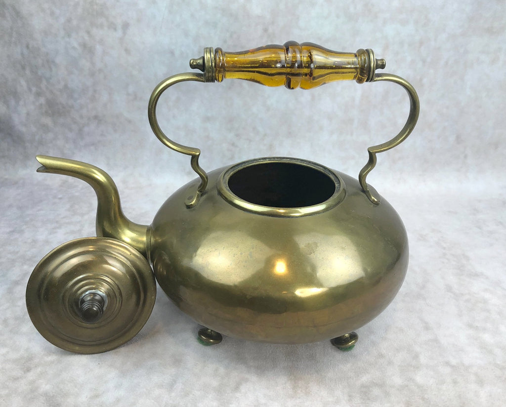 Footed Brass Kettle with Yellow Glass Handle