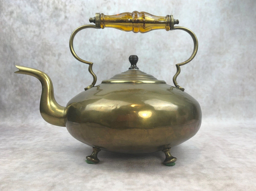 Footed Brass Kettle with Yellow Glass Handle