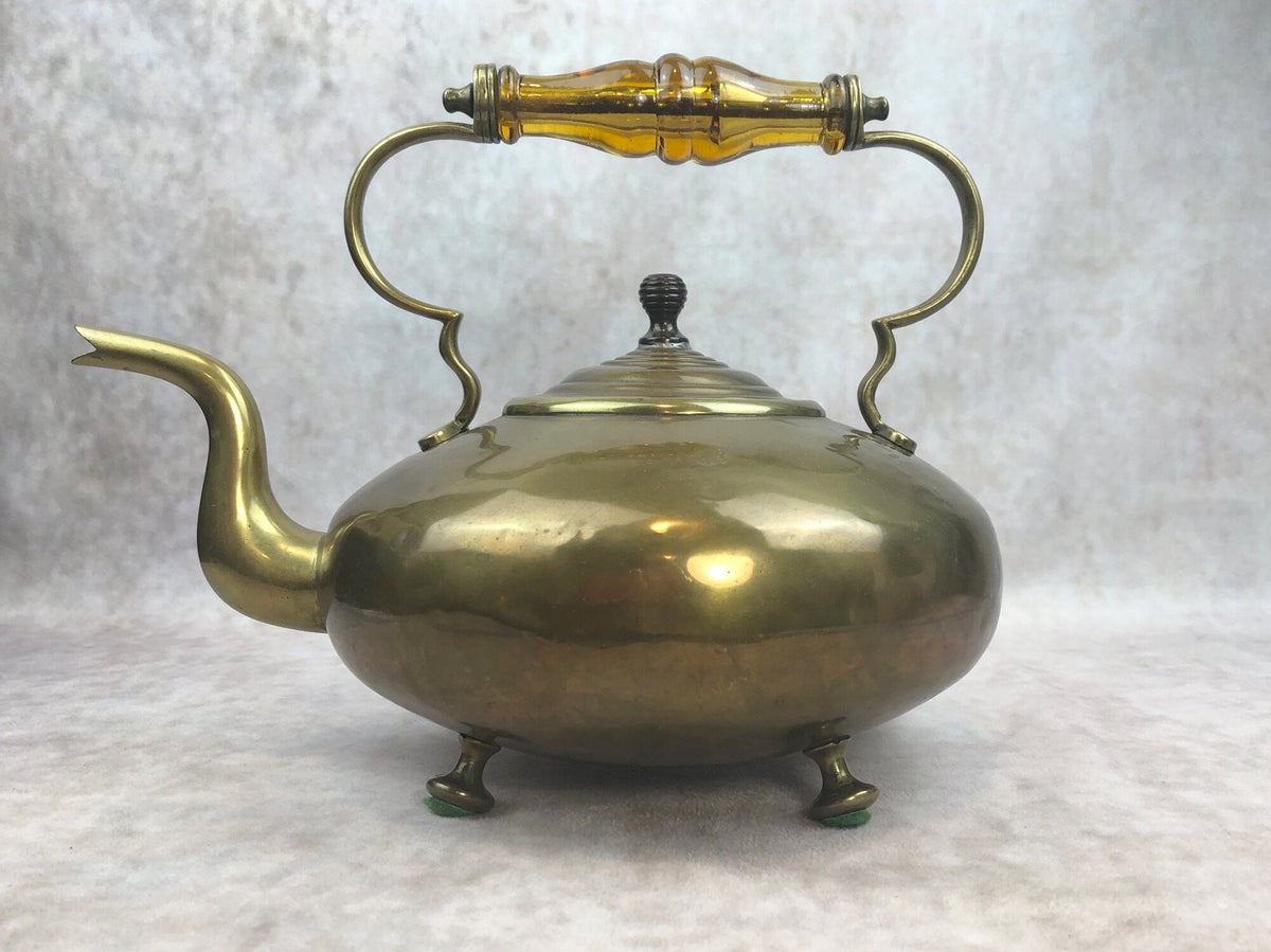 Footed Brass Kettle with Yellow Glass Handle