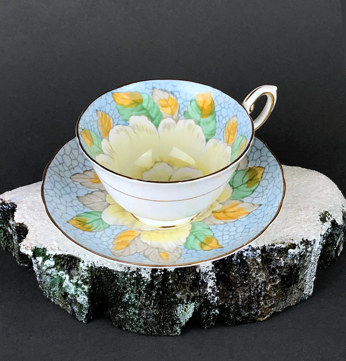 Tuscan Black, White & Gold Floral Cup & Saucer
