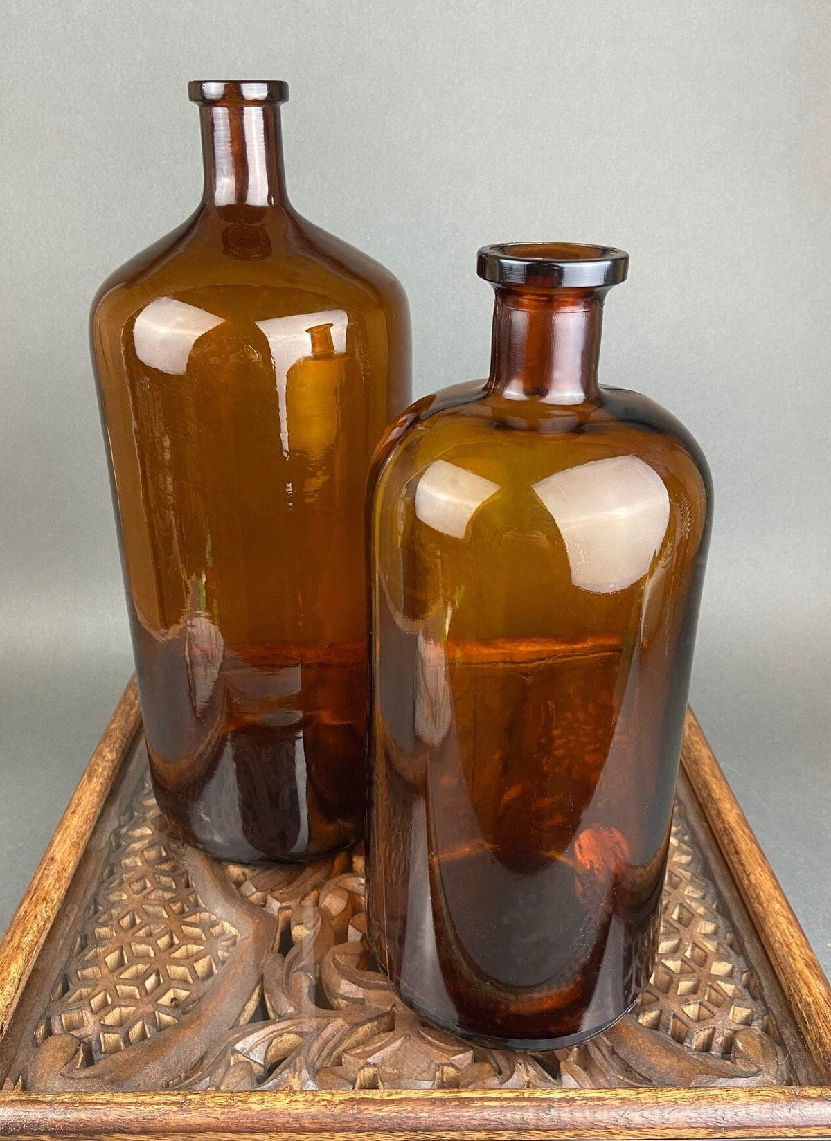 Hand-Blown Brown Glass Decanter with Fleur-de-Lis