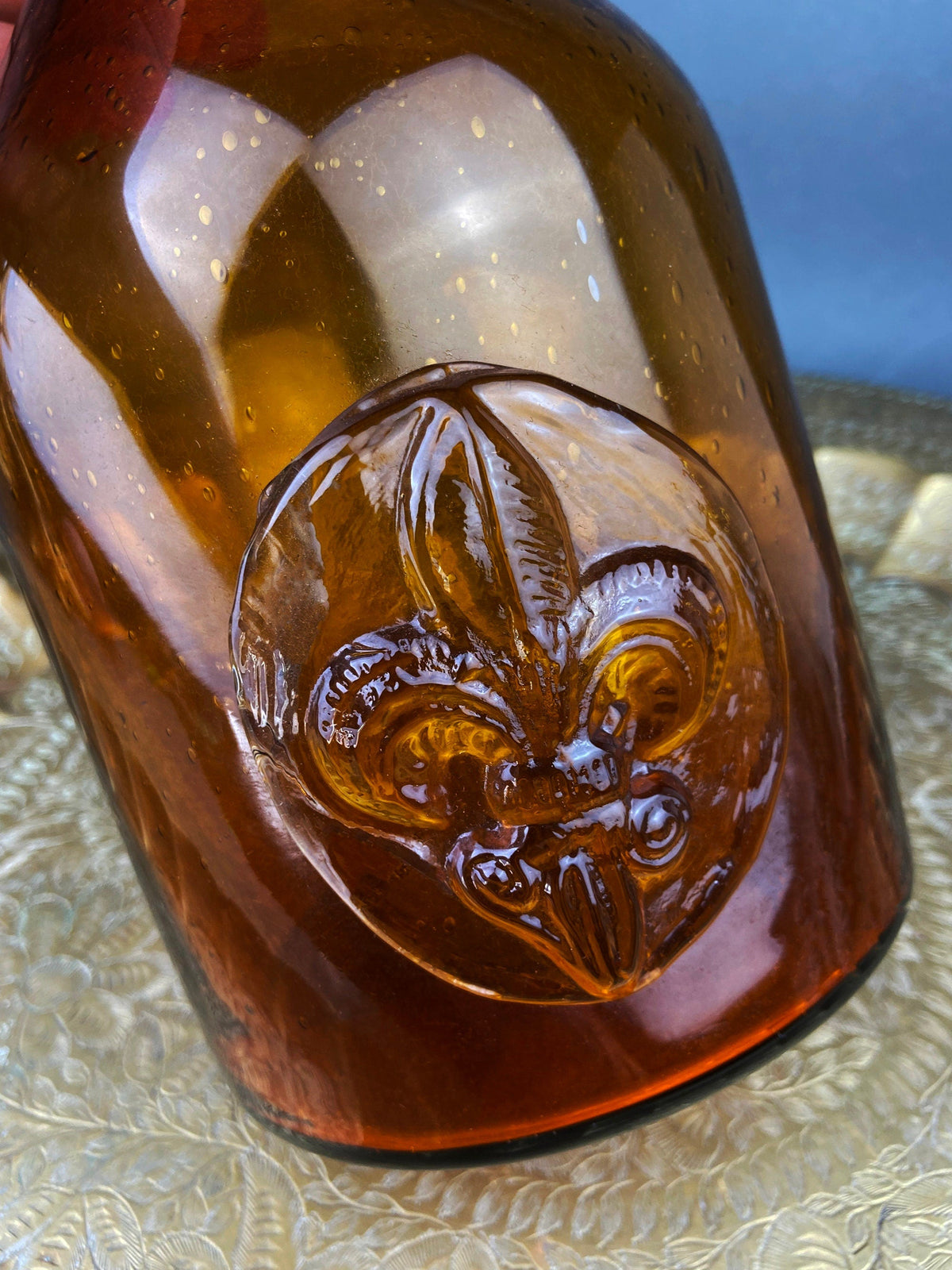 Hand-Blown Brown Glass Decanter with Fleur-de-Lis