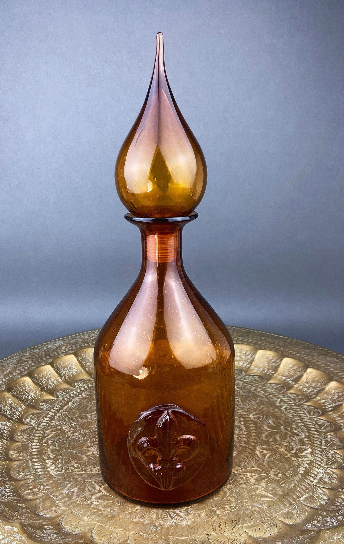 Hand-Blown Brown Glass Decanter with Fleur-de-Lis