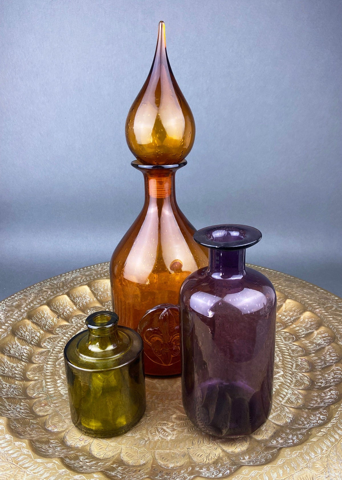 Hand-Blown Brown Glass Decanter with Fleur-de-Lis