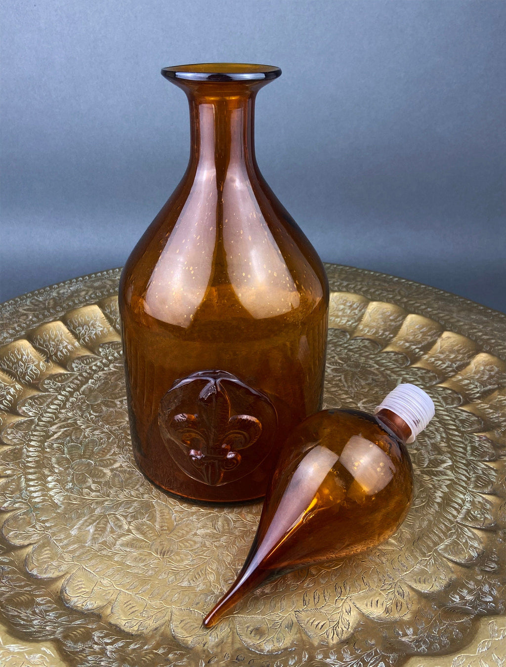 Hand-Blown Brown Glass Decanter with Fleur-de-Lis