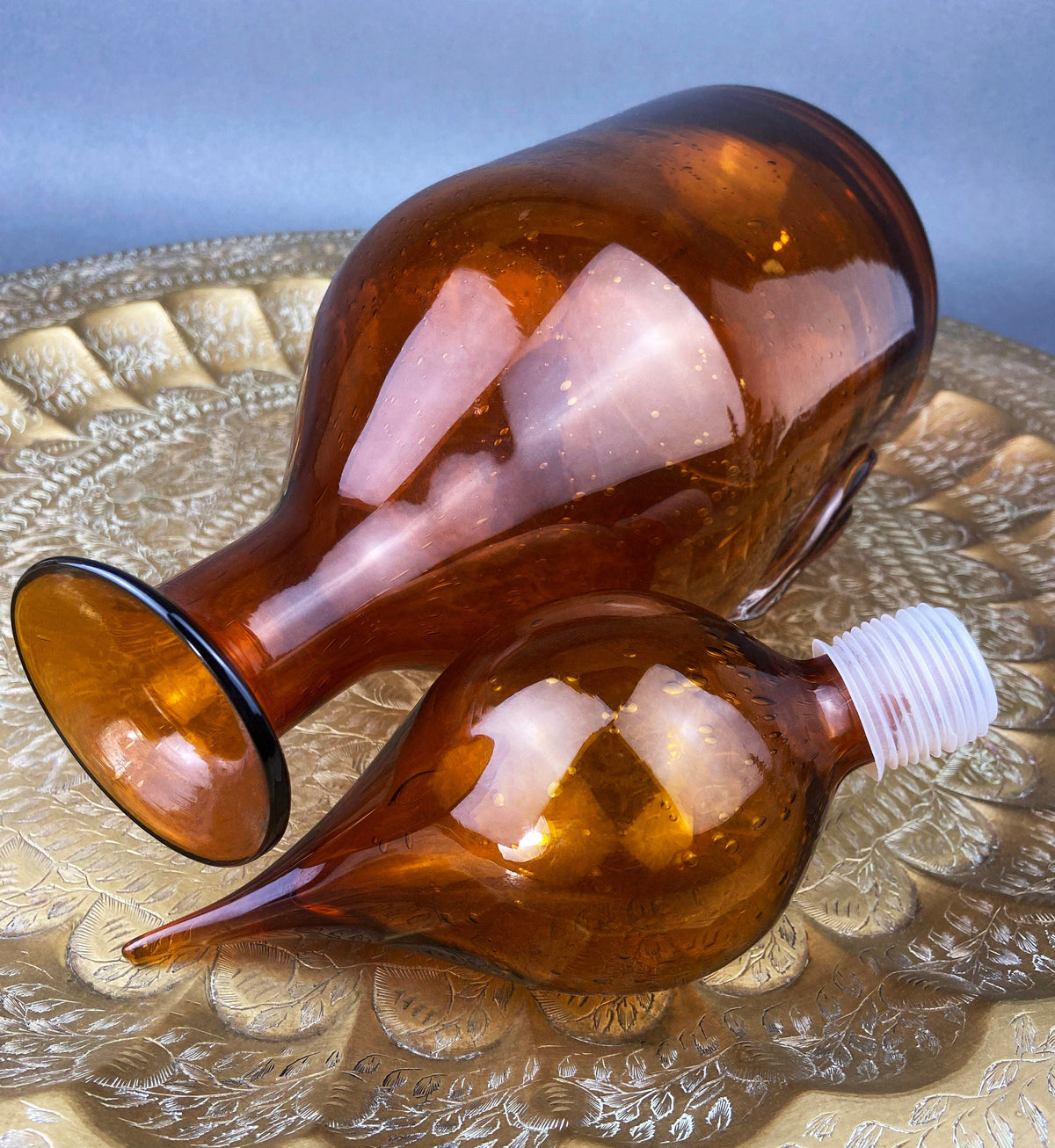 Hand-Blown Brown Glass Decanter with Fleur-de-Lis