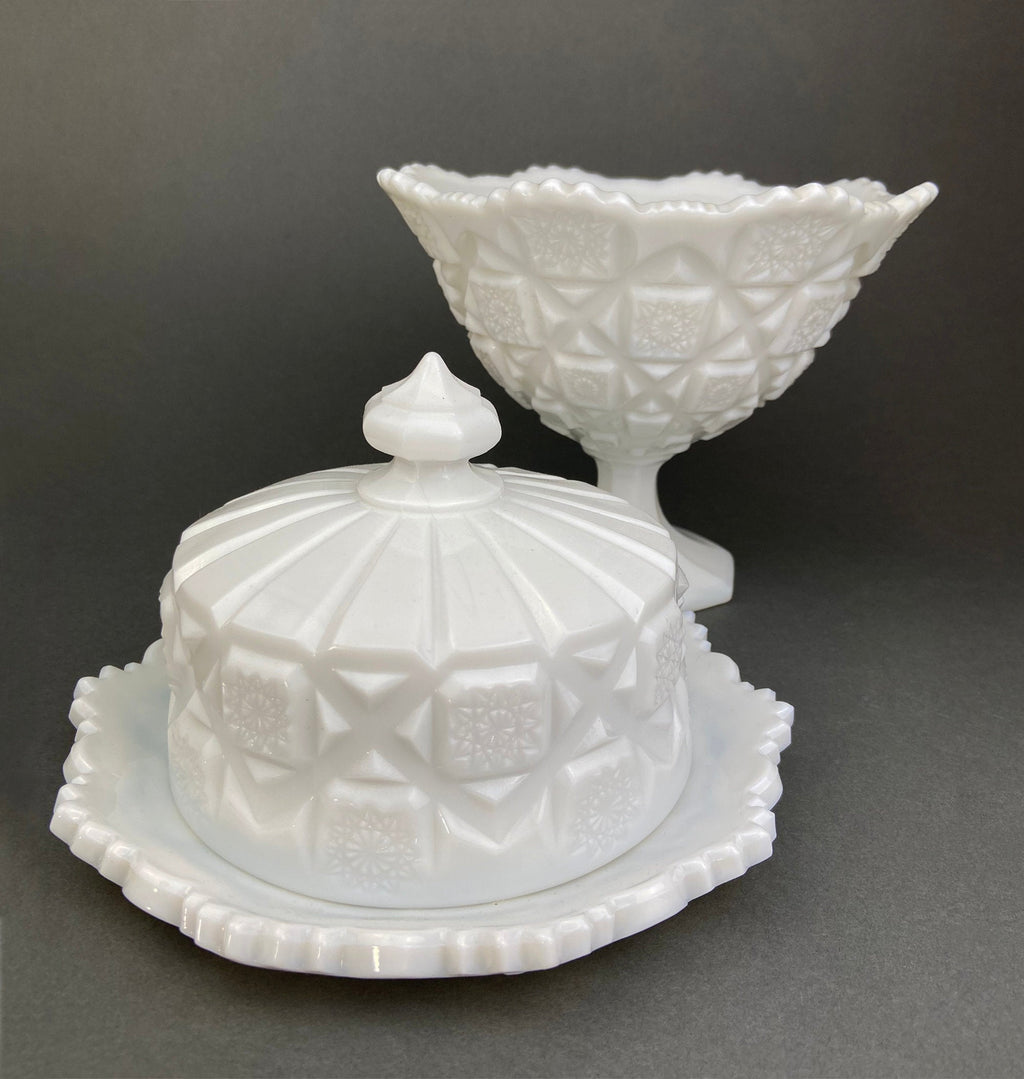 Waffle Milk Glass Footed Bowl & Butter Dish