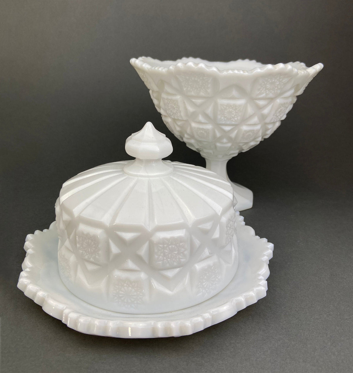 Waffle Milk Glass Footed Bowl & Butter Dish