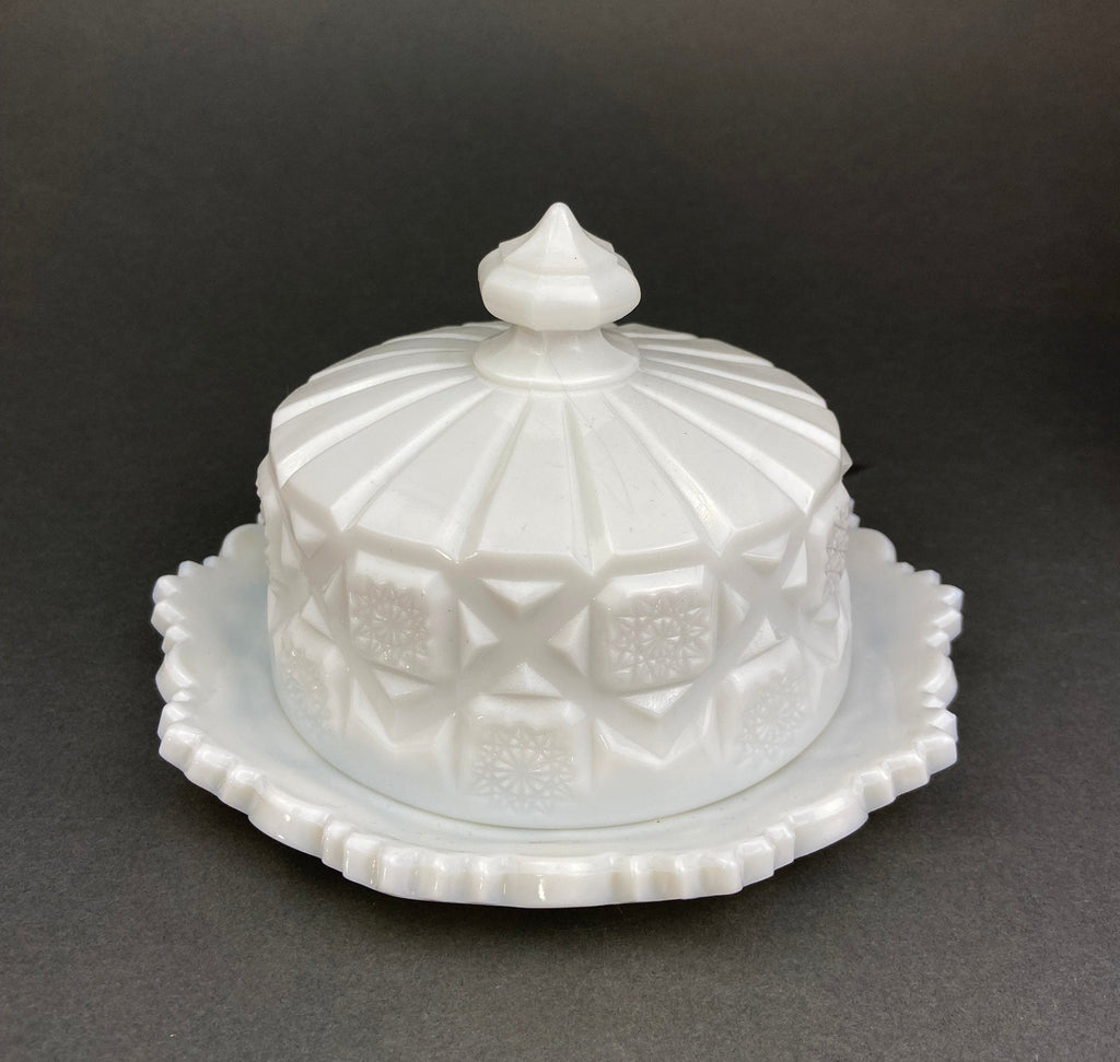 Waffle Milk Glass Footed Bowl & Butter Dish