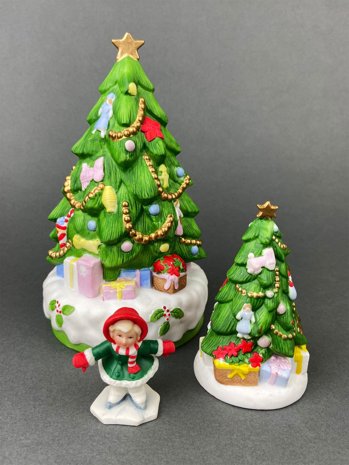 Christmas Village Trees and Lefton Girl Figurine