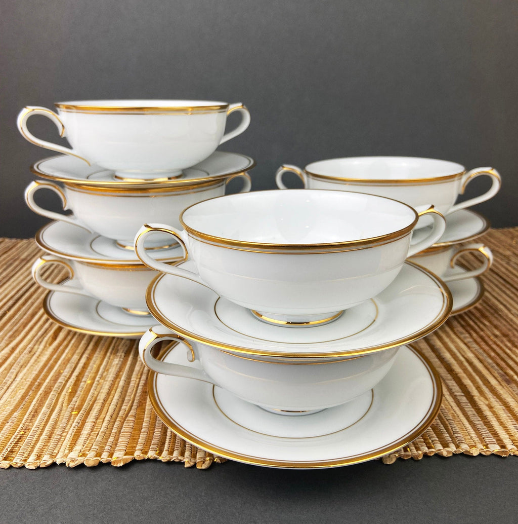 Noritake Allison Gold Band Soup Bowls & Saucers, Set of 7
